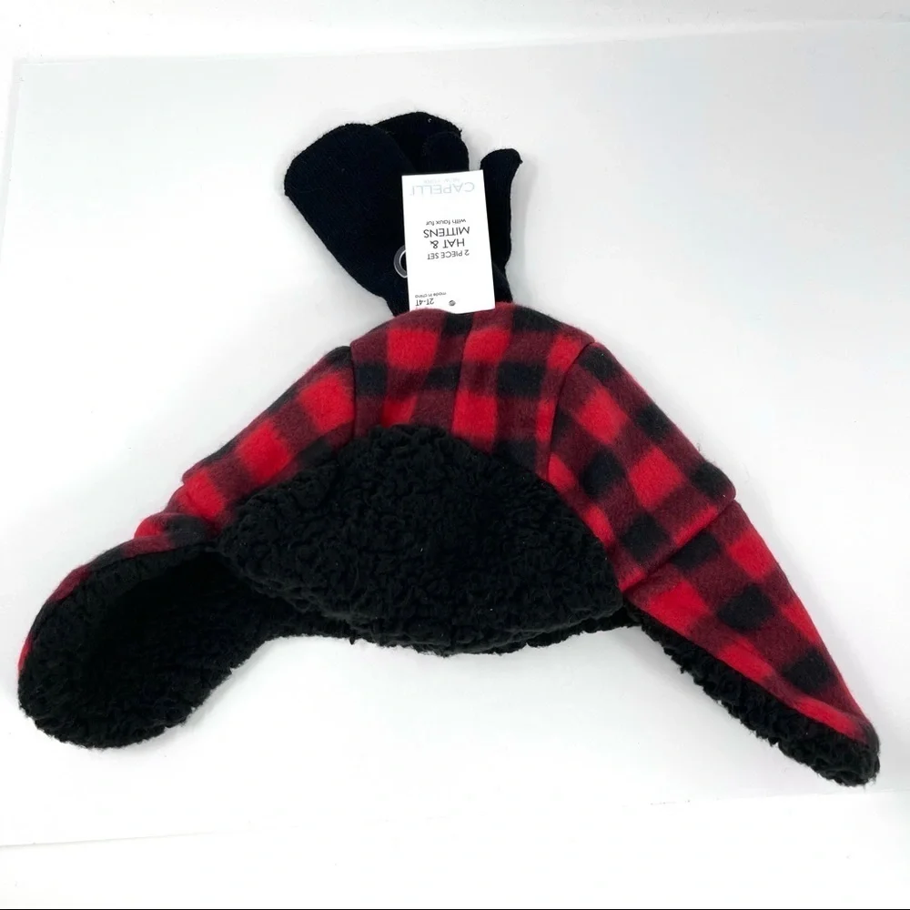 Capelli plaid Flap beanie with mittens faux fur lining 2-4T